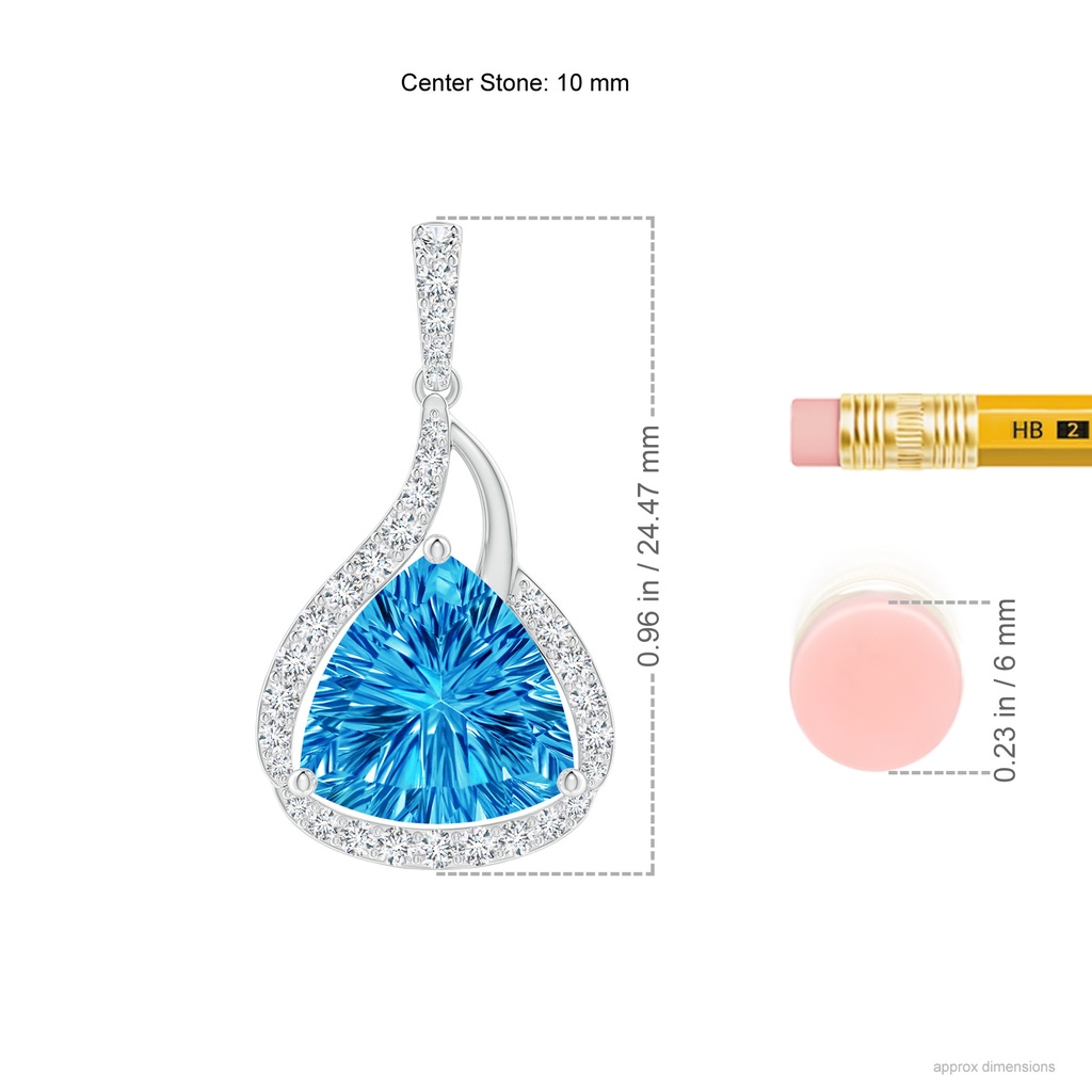 10mm AAAA Trillion Concave-Cut Swiss Blue Topaz Flame Pendant in White Gold Ruler