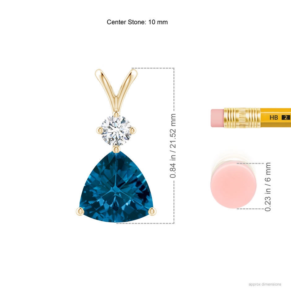 10mm AAAA Trillion Checker-Cut London Blue Topaz Solitaire Pendant in Yellow Gold ruler