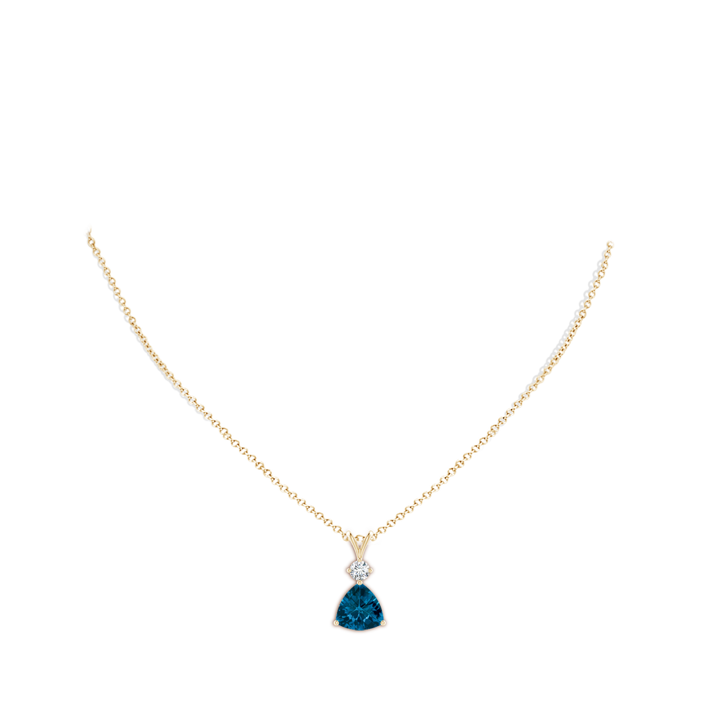 10mm AAAA Trillion Checker-Cut London Blue Topaz Solitaire Pendant in Yellow Gold Body-Neck