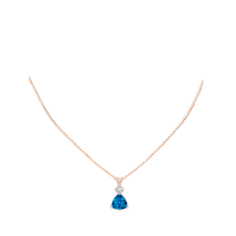 10mm AAAA Trillion Checker-Cut Swiss Blue Topaz Solitaire Pendant in Rose Gold body-neck