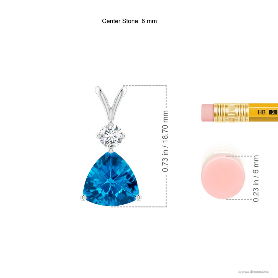 8mm AAAA Trillion Checker-Cut Swiss Blue Topaz Solitaire Pendant in White Gold ruler