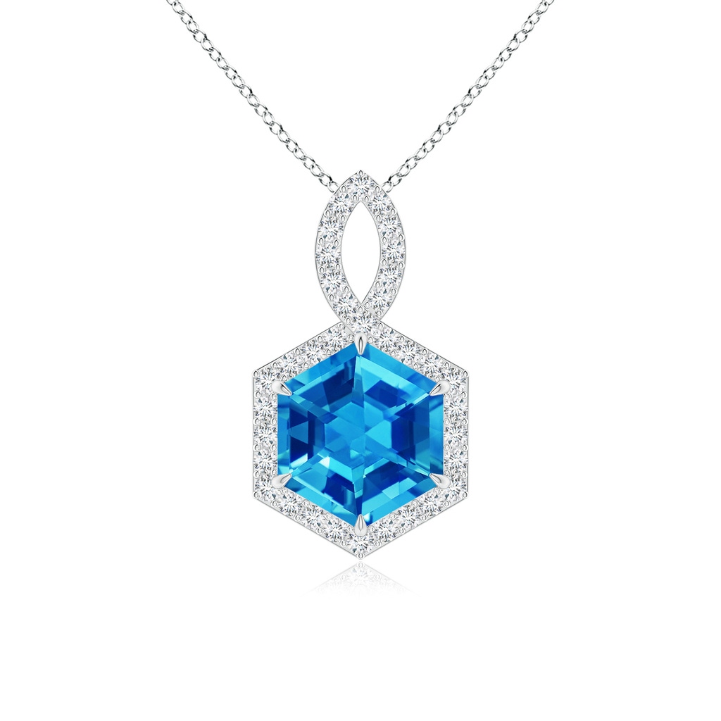 7mm AAAA Hexagonal Step-Cut Swiss Blue Topaz Infinity Halo Pendant in White Gold