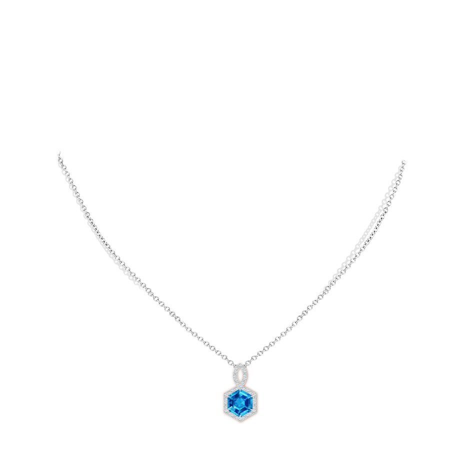 8mm AAAA Hexagonal Step-Cut Swiss Blue Topaz Infinity Halo Pendant in White Gold body-neck