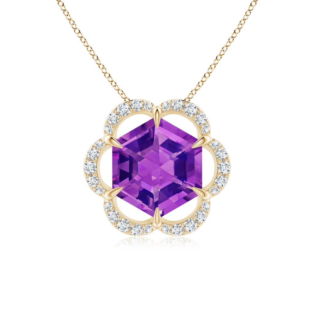 7mm AAAA Hexagonal Step-Cut Amethyst Floral Halo Pendant in Yellow Gold