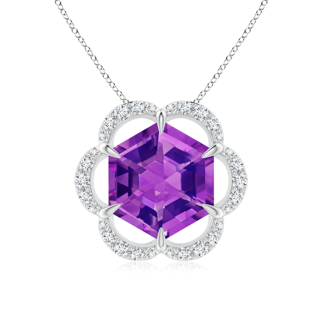 8mm AAAA Hexagonal Step-Cut Amethyst Floral Halo Pendant in White Gold