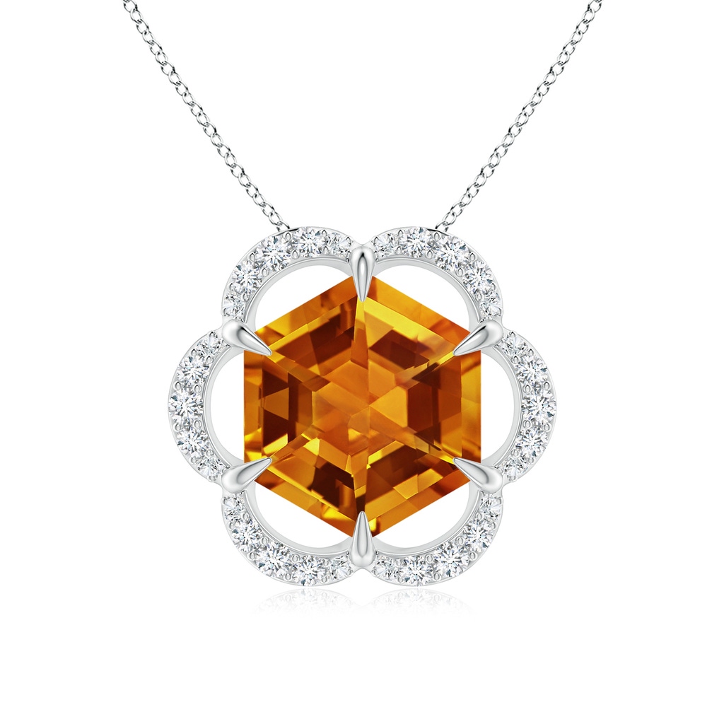 8mm AAAA Hexagonal Step-Cut Citrine Floral Halo Pendant in White Gold