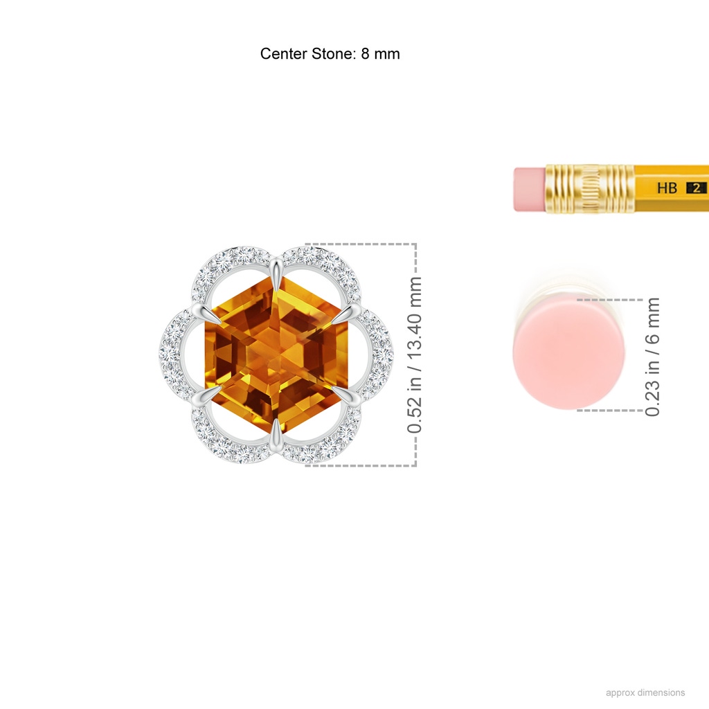 8mm AAAA Hexagonal Step-Cut Citrine Floral Halo Pendant in White Gold Ruler