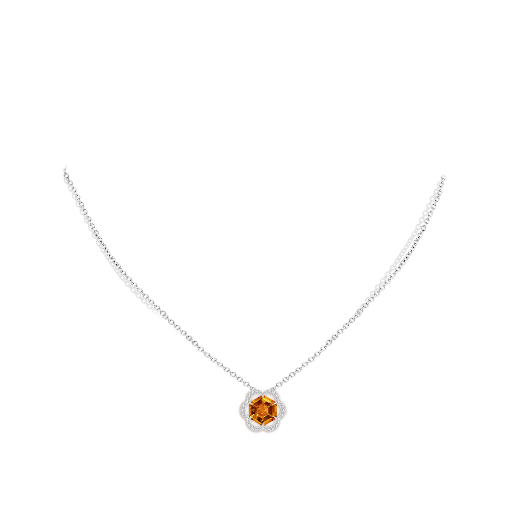 8mm AAAA Hexagonal Step-Cut Citrine Floral Halo Pendant in White Gold Body-Neck