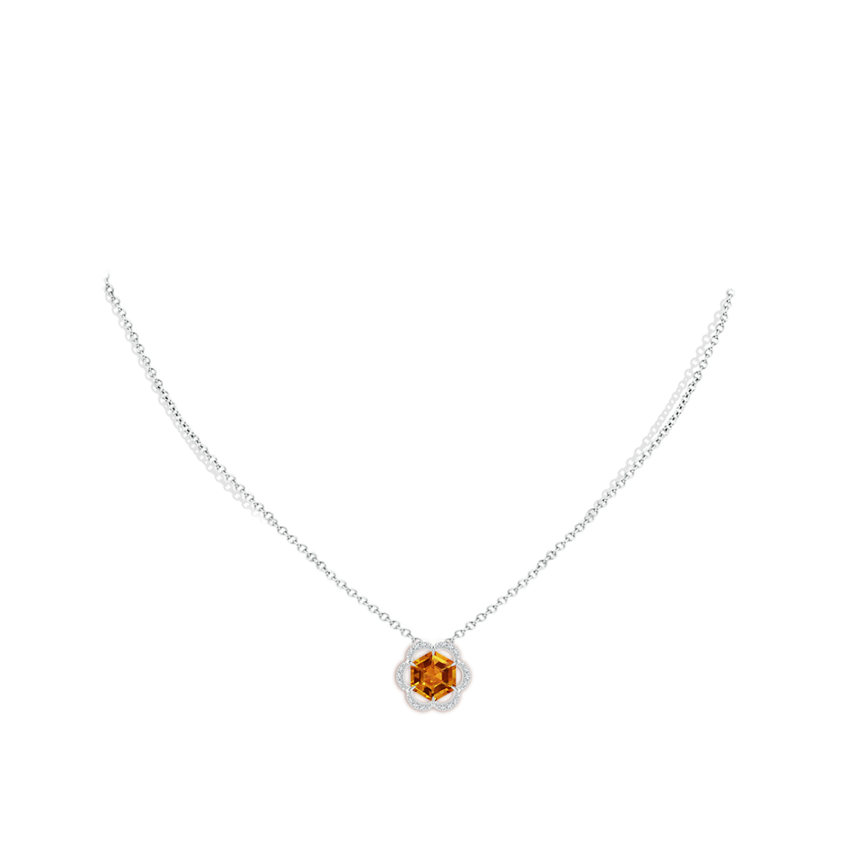 8mm AAAA Hexagonal Step-Cut Citrine Floral Halo Pendant in White Gold body-neck