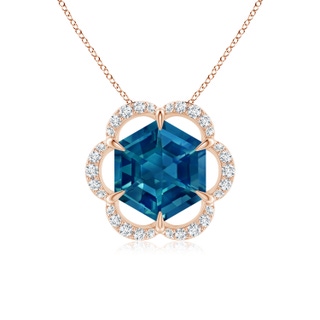 7mm AAAA Hexagonal Step-Cut London Blue Topaz Floral Halo Pendant in 10K Rose Gold