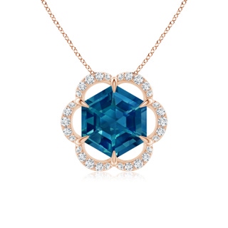 7mm AAAA Hexagonal Step-Cut London Blue Topaz Floral Halo Pendant in Rose Gold
