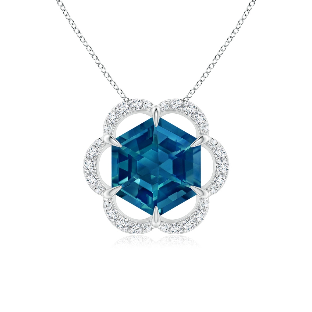 7mm AAAA Hexagonal Step-Cut London Blue Topaz Floral Halo Pendant in White Gold