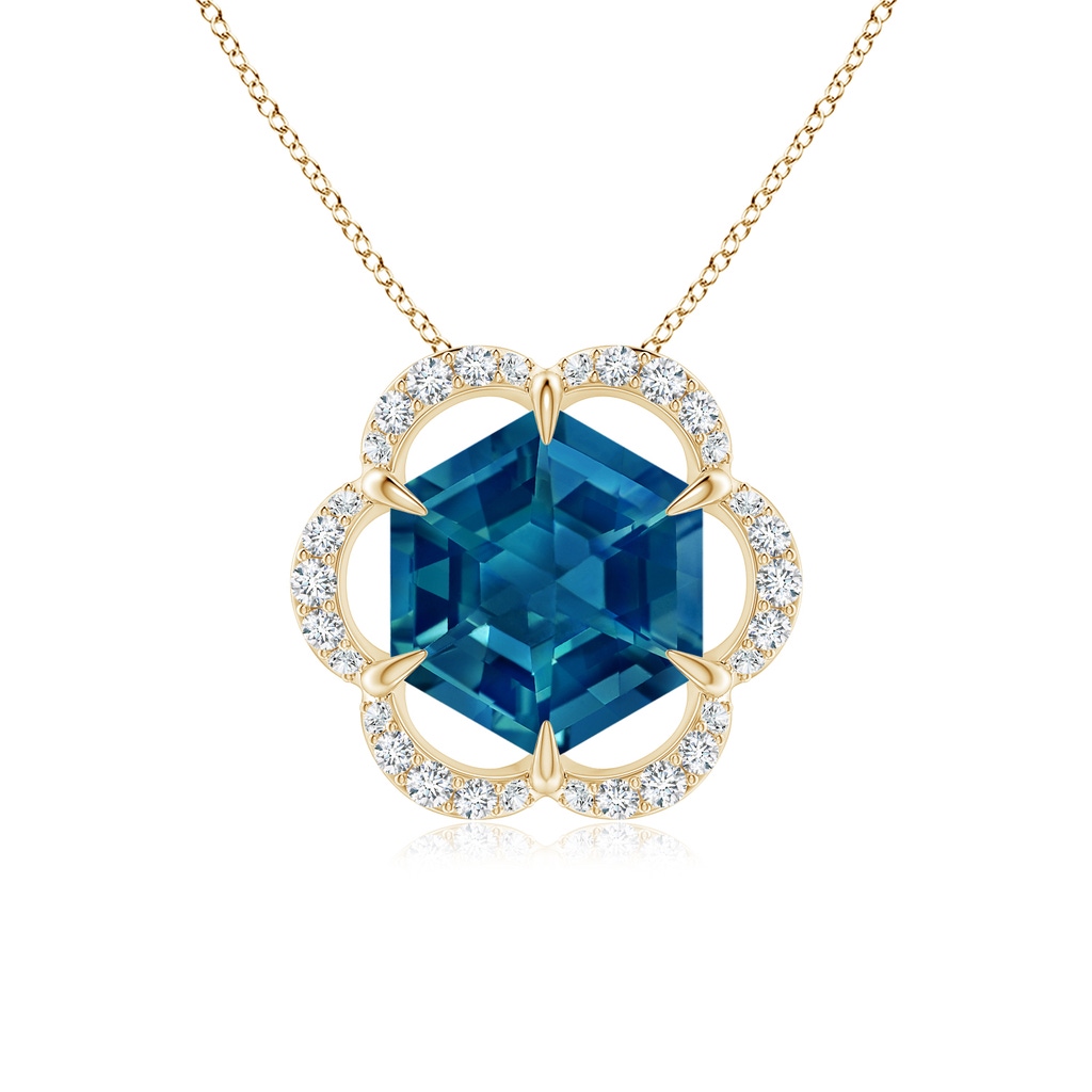 7mm AAAA Hexagonal Step-Cut London Blue Topaz Floral Halo Pendant in Yellow Gold