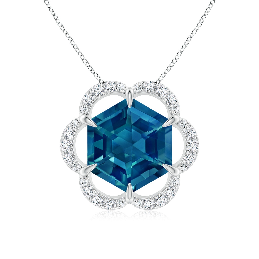 8mm AAAA Hexagonal Step-Cut London Blue Topaz Floral Halo Pendant in White Gold