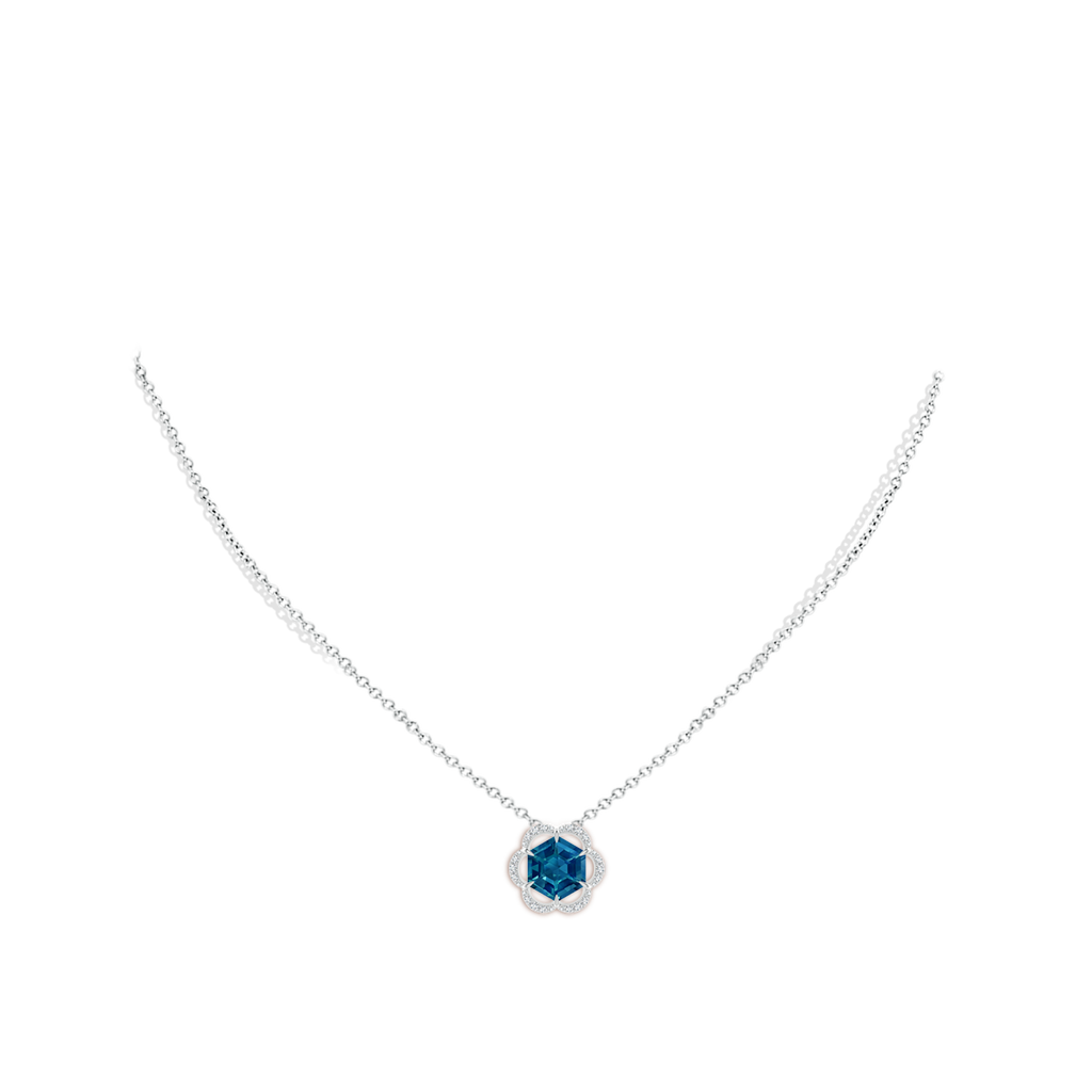 8mm AAAA Hexagonal Step-Cut London Blue Topaz Floral Halo Pendant in White Gold Body-Neck