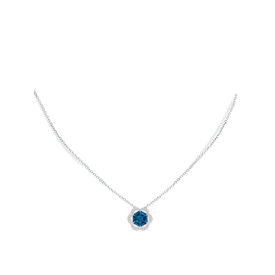 8mm AAAA Hexagonal Step-Cut London Blue Topaz Floral Halo Pendant in White Gold body-neck