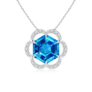 7mm AAAA Hexagonal Step-Cut Swiss Blue Topaz Floral Halo Pendant in P950 Platinum