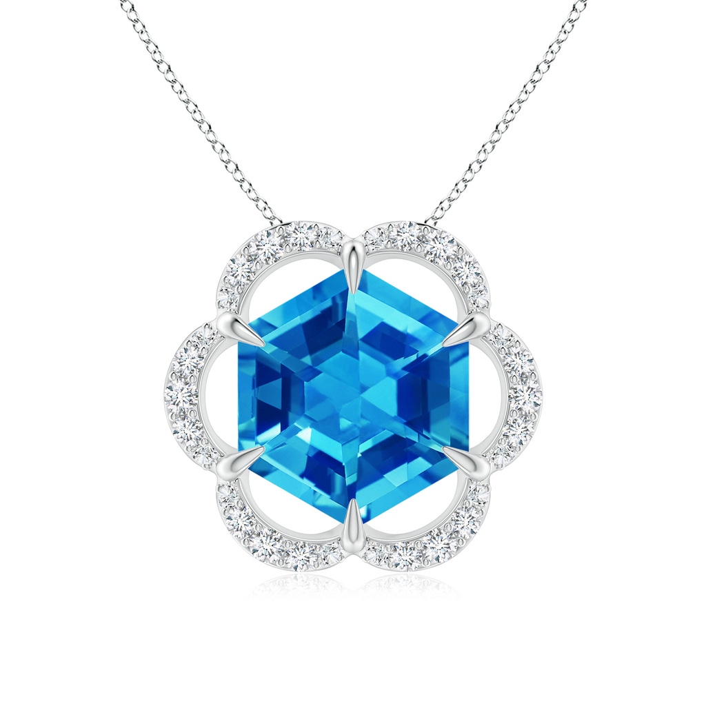 8mm AAAA Hexagonal Step-Cut Swiss Blue Topaz Floral Halo Pendant in White Gold