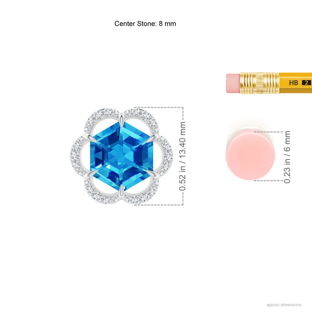 8mm AAAA Hexagonal Step-Cut Swiss Blue Topaz Floral Halo Pendant in White Gold Ruler