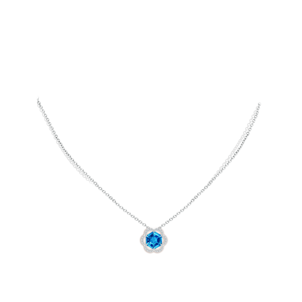 8mm AAAA Hexagonal Step-Cut Swiss Blue Topaz Floral Halo Pendant in White Gold Body-Neck