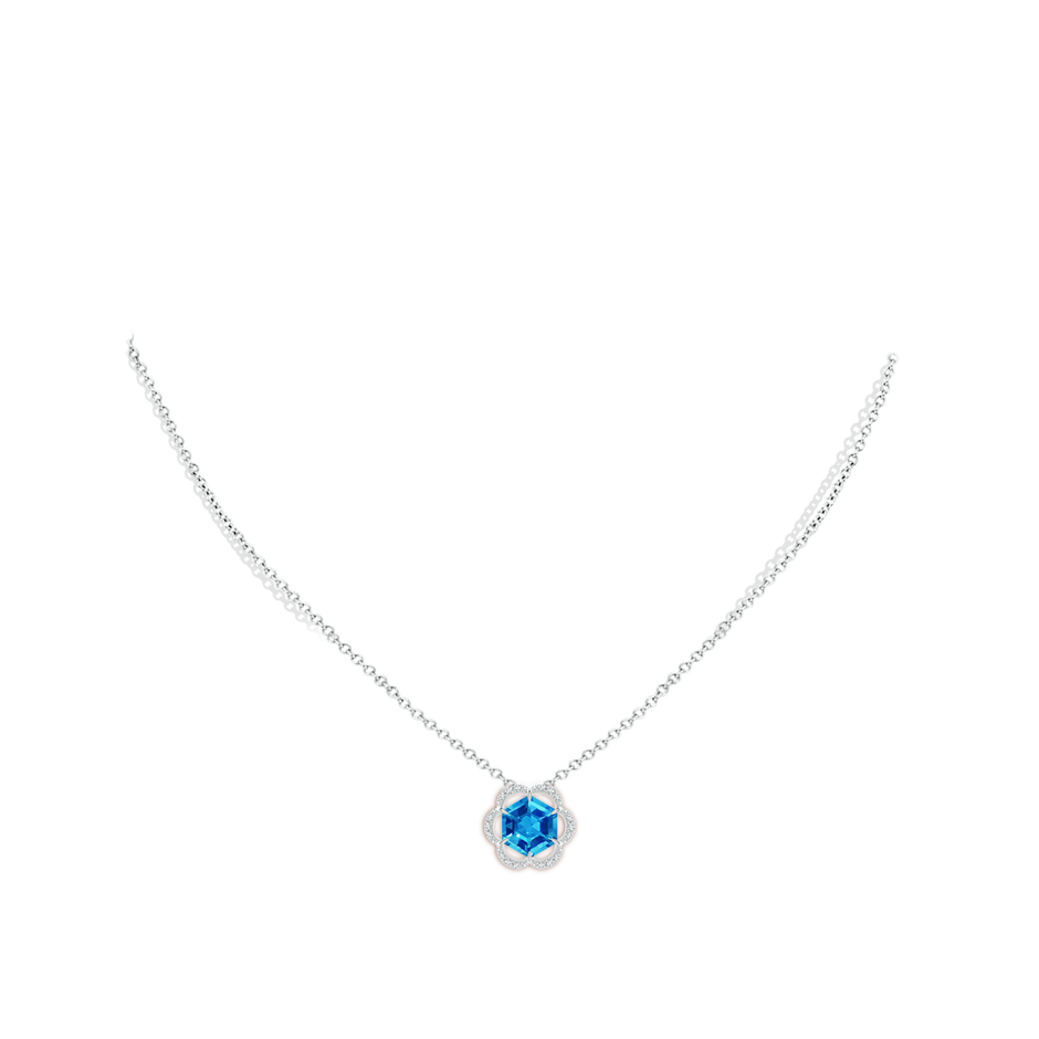 8mm AAAA Hexagonal Step-Cut Swiss Blue Topaz Floral Halo Pendant in White Gold body-neck