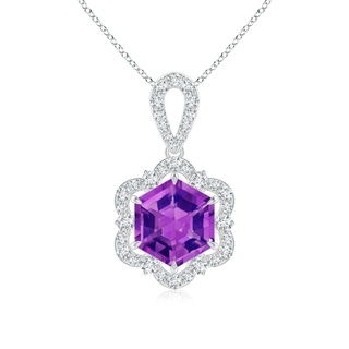 7mm AAAA Hexagonal Step-Cut Amethyst Six-Petal Halo Pendant in P950 Platinum