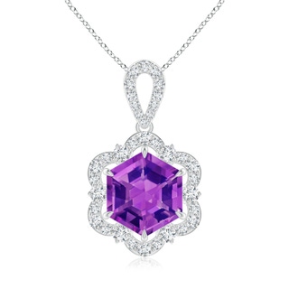 8mm AAAA Hexagonal Step-Cut Amethyst Six-Petal Halo Pendant in P950 Platinum