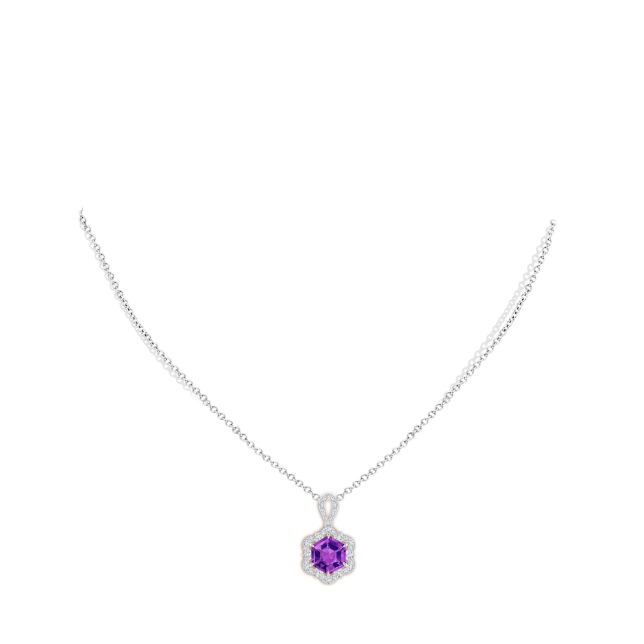 8mm AAAA Hexagonal Step-Cut Amethyst Six-Petal Halo Pendant in White Gold body-neck