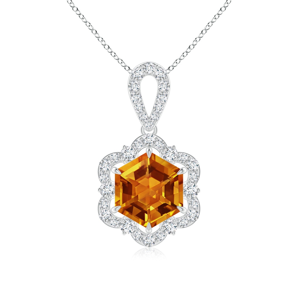 7mm AAAA Hexagonal Step-Cut Citrine Six-Petal Halo Pendant in White Gold