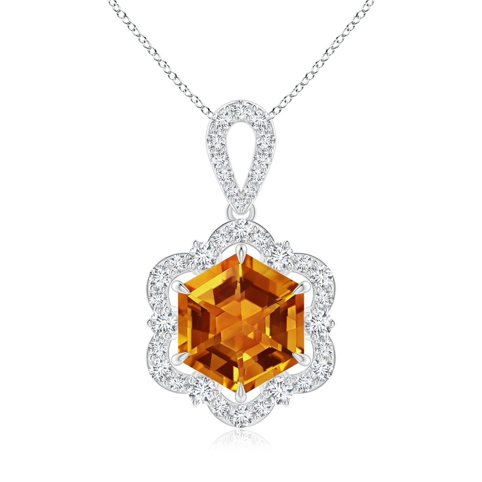 8mm AAAA Hexagonal Step-Cut Citrine Six-Petal Halo Pendant in White Gold 