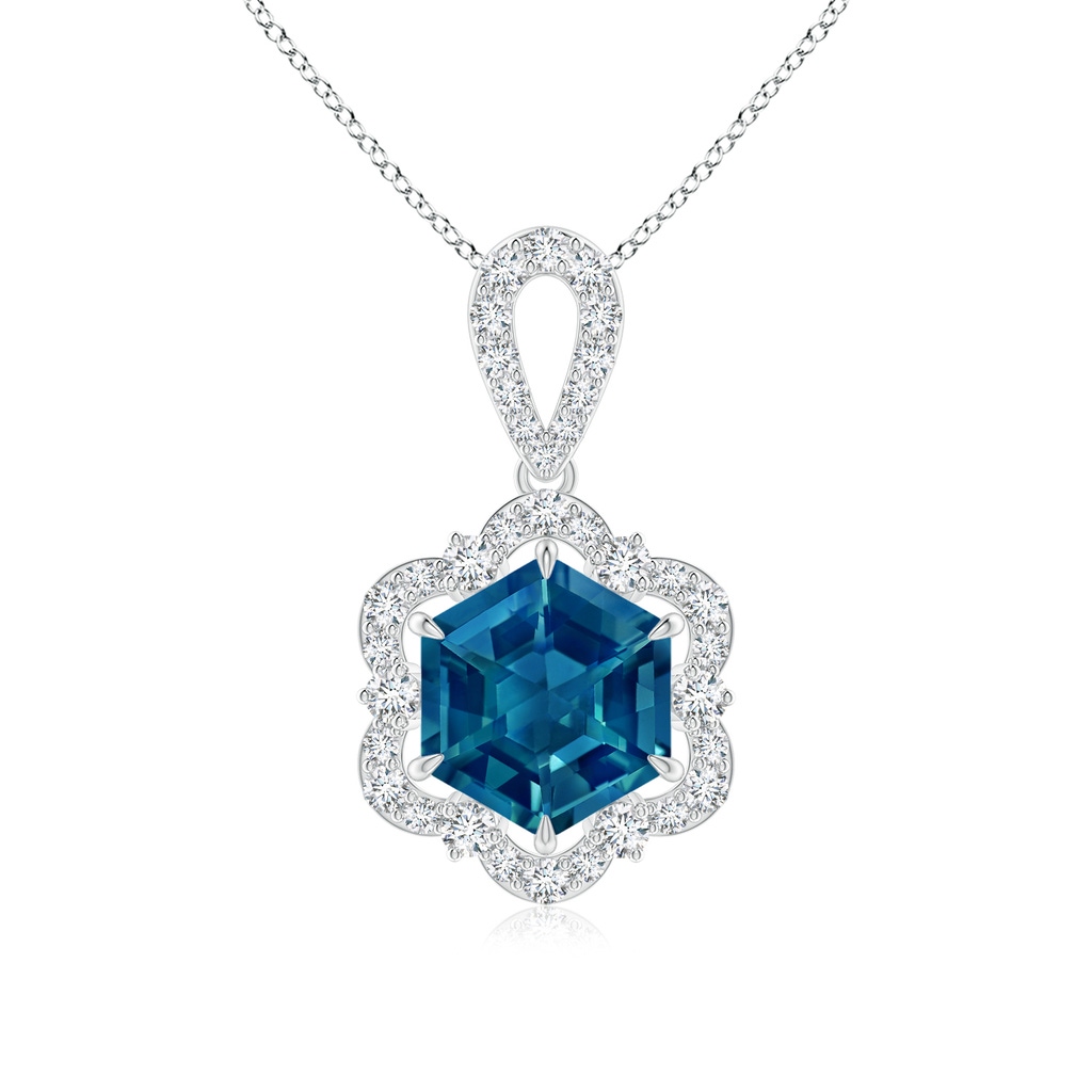 7mm AAAA Hexagonal Step-Cut London Blue Topaz Six-Petal Halo Pendant in P950 Platinum