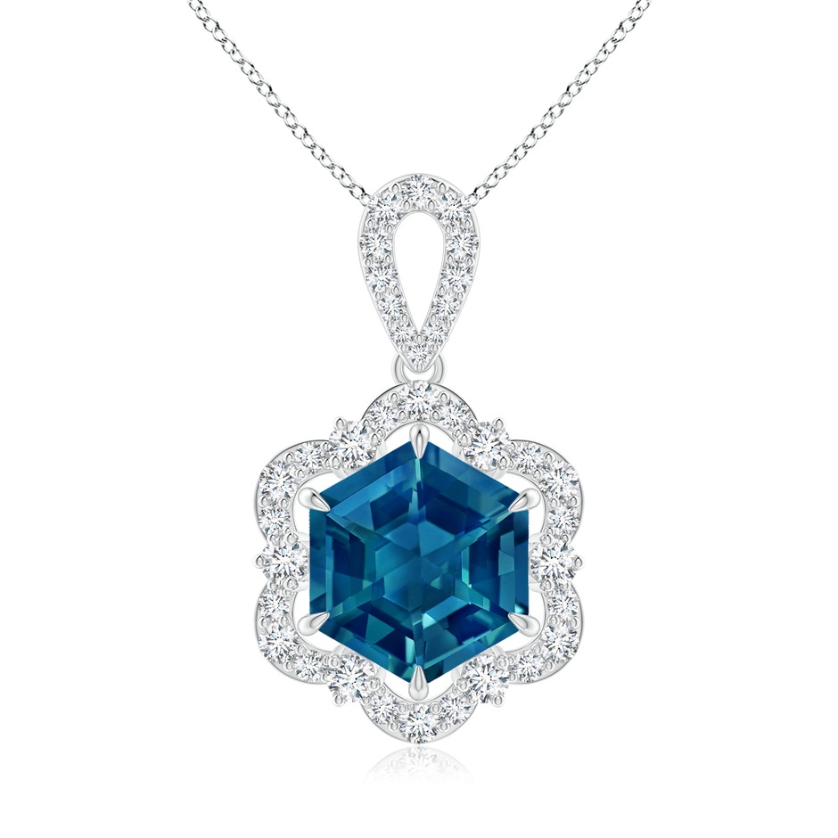 8mm AAAA Hexagonal Step-Cut London Blue Topaz Six-Petal Halo Pendant in White Gold 