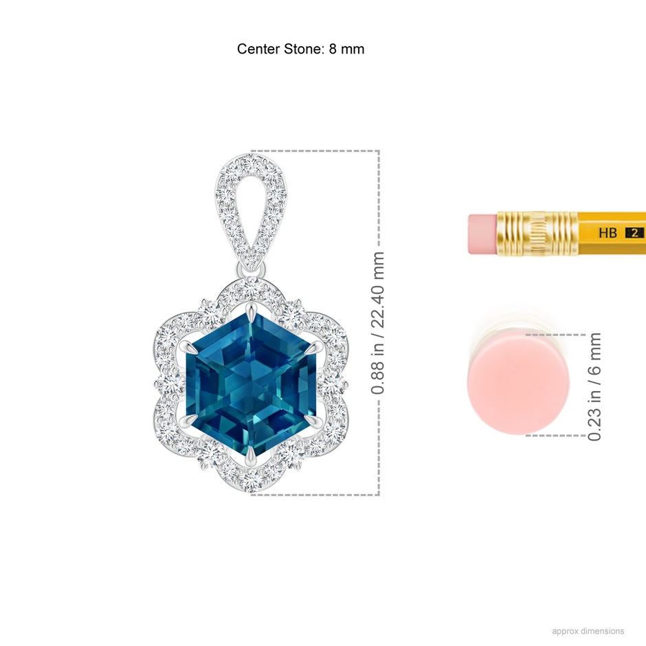 8mm AAAA Hexagonal Step-Cut London Blue Topaz Six-Petal Halo Pendant in White Gold ruler