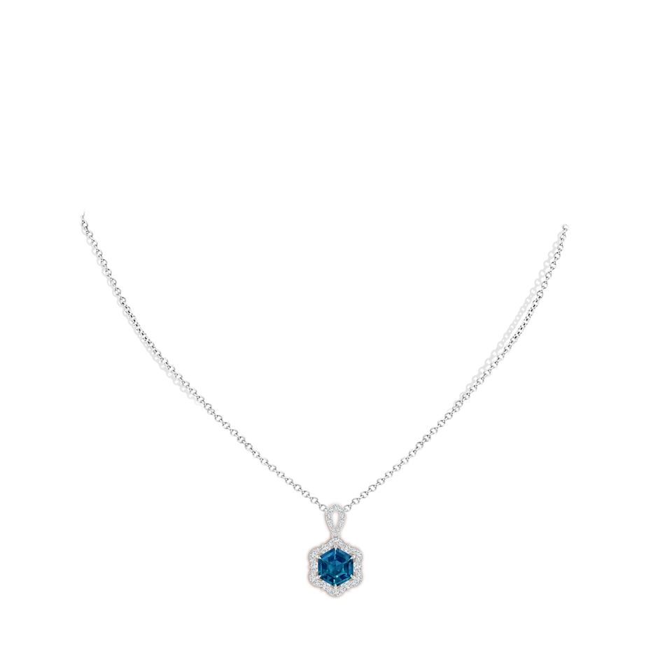 8mm AAAA Hexagonal Step-Cut London Blue Topaz Six-Petal Halo Pendant in White Gold body-neck