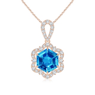 7mm AAAA Hexagonal Step-Cut Swiss Blue Topaz Six-Petal Halo Pendant in 9K Rose Gold