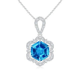 7mm AAAA Hexagonal Step-Cut Swiss Blue Topaz Six-Petal Halo Pendant in P950 Platinum