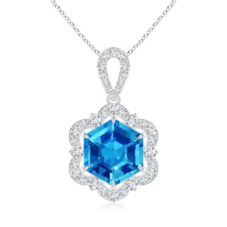 8mm AAAA Hexagonal Step-Cut Swiss Blue Topaz Six-Petal Halo Pendant in White Gold