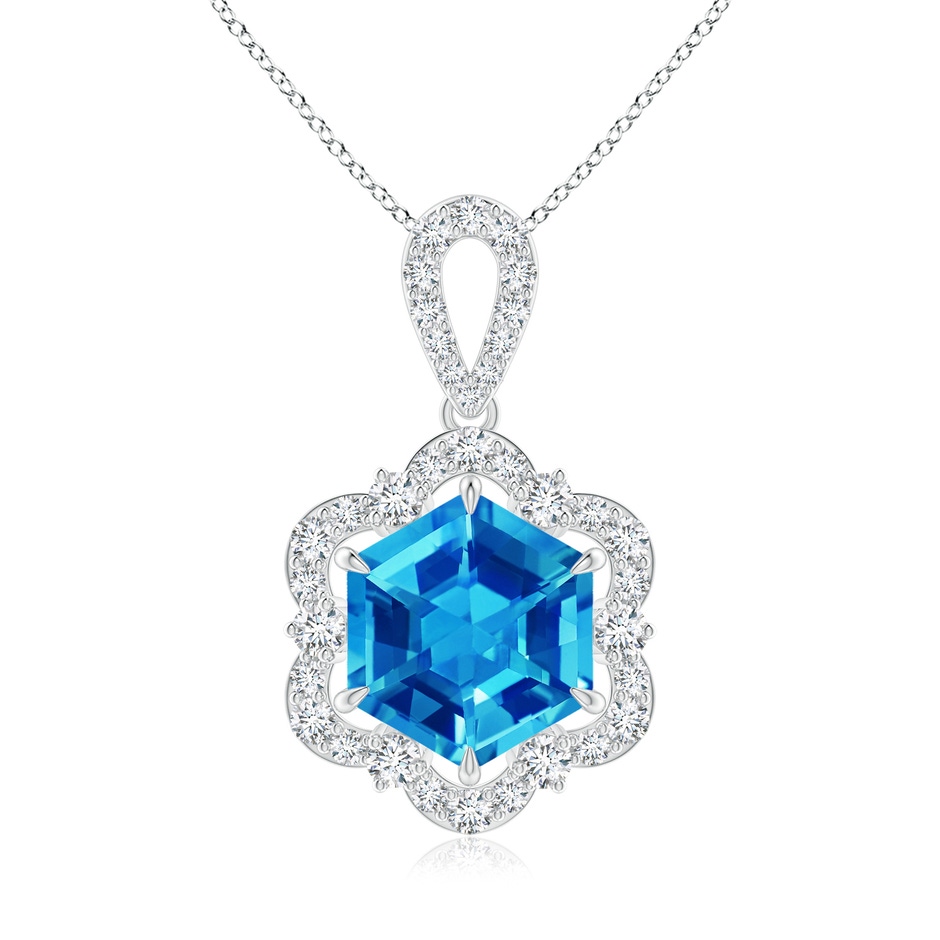 8mm AAAA Hexagonal Step-Cut Swiss Blue Topaz Six-Petal Halo Pendant in White Gold 