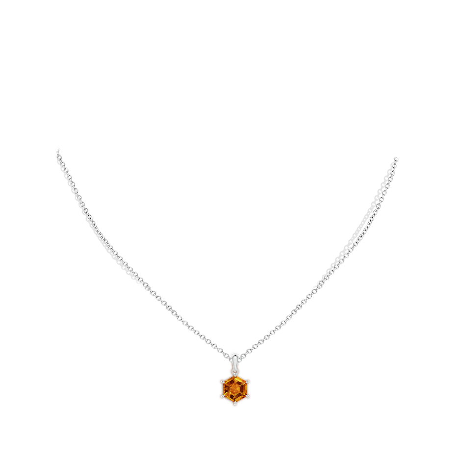 8mm AAAA Hexagonal Step-Cut Citrine Solitaire Pendant in White Gold body-neck