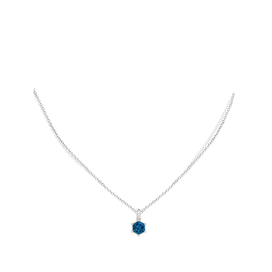 7mm AAAA Hexagonal Step-Cut London Blue Topaz Solitaire Pendant in White Gold body-neck