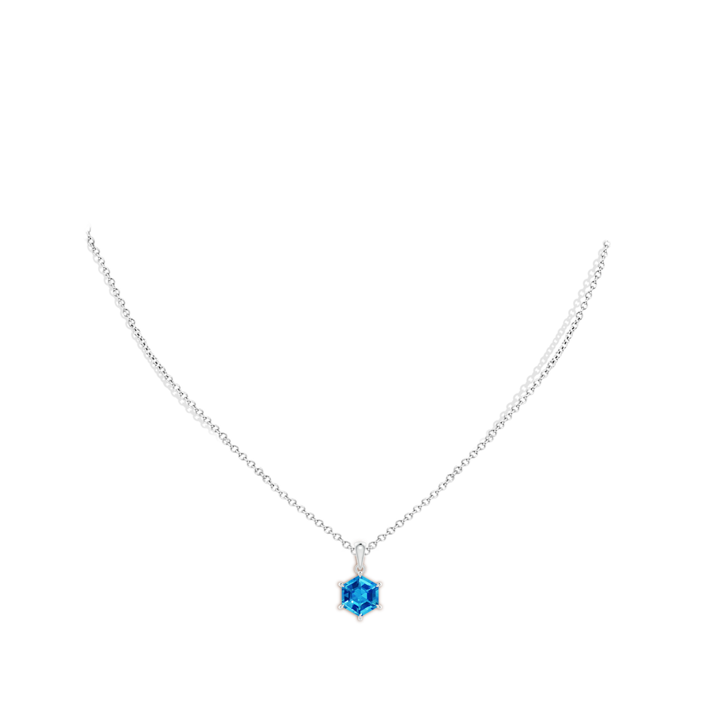 8mm AAAA Hexagonal Step-Cut Swiss Blue Topaz Solitaire Pendant in White Gold Body-Neck