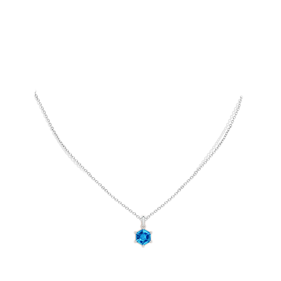 8mm AAAA Hexagonal Step-Cut Swiss Blue Topaz Solitaire Pendant in White Gold body-neck