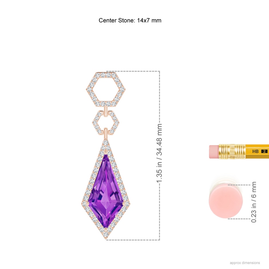 14x7mm AAAA Kite-Shaped Amethyst Hexagonal Frame Halo Pendant in Rose Gold ruler