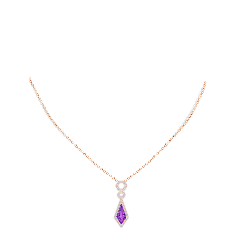 14x7mm AAAA Kite-Shaped Amethyst Hexagonal Frame Halo Pendant in Rose Gold body-neck