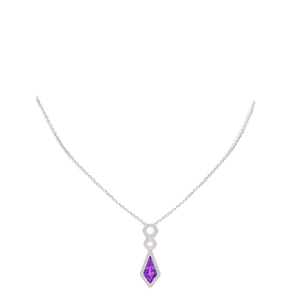 15x8mm AAAA Kite-Shaped Amethyst Hexagonal Frame Halo Pendant in White Gold Body-Neck