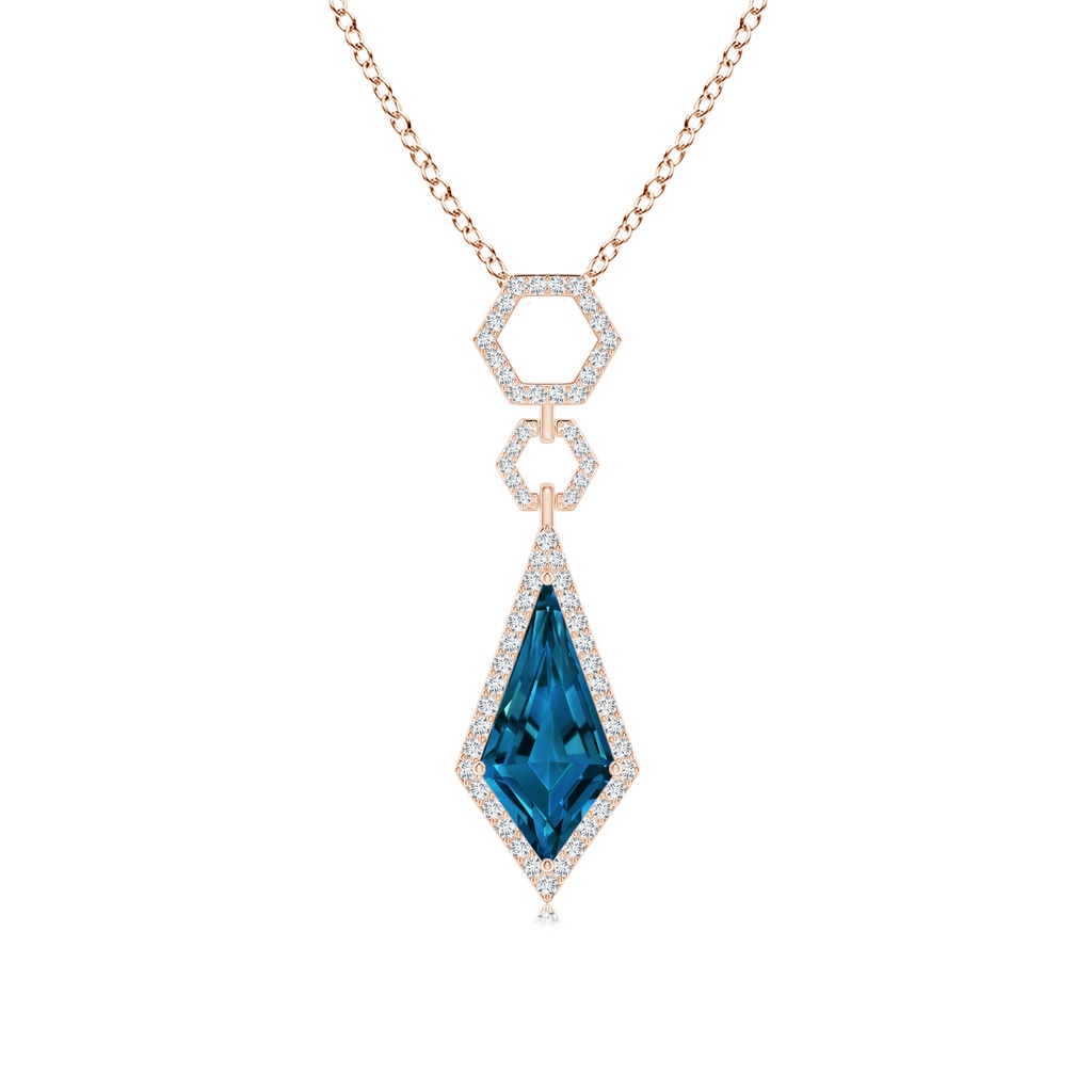 14x7mm AAAA Kite-Shaped London Blue Topaz Hexagonal Frame Halo Pendant in Rose Gold