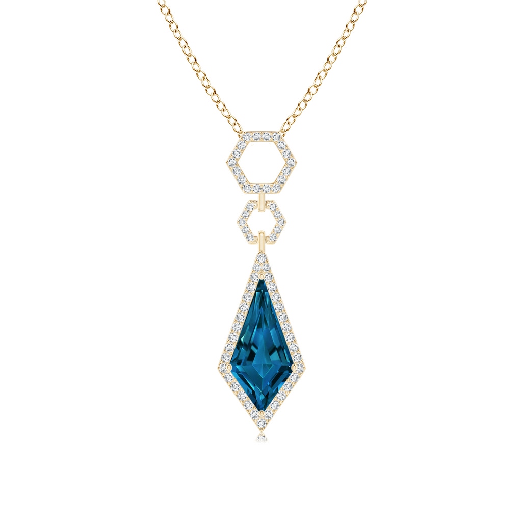 14x7mm AAAA Kite-Shaped London Blue Topaz Hexagonal Frame Halo Pendant in Yellow Gold