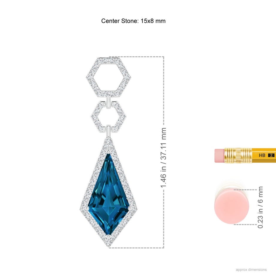 15x8mm AAAA Kite-Shaped London Blue Topaz Hexagonal Frame Halo Pendant in White Gold ruler