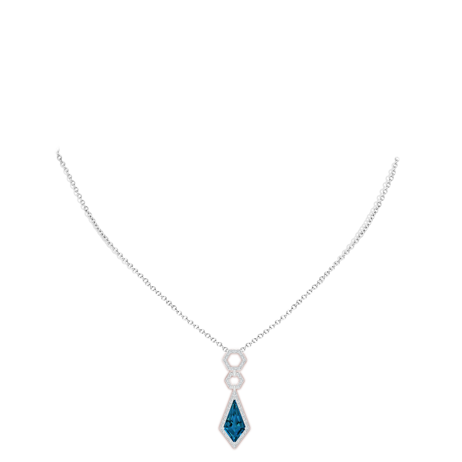 15x8mm AAAA Kite-Shaped London Blue Topaz Hexagonal Frame Halo Pendant in White Gold body-neck