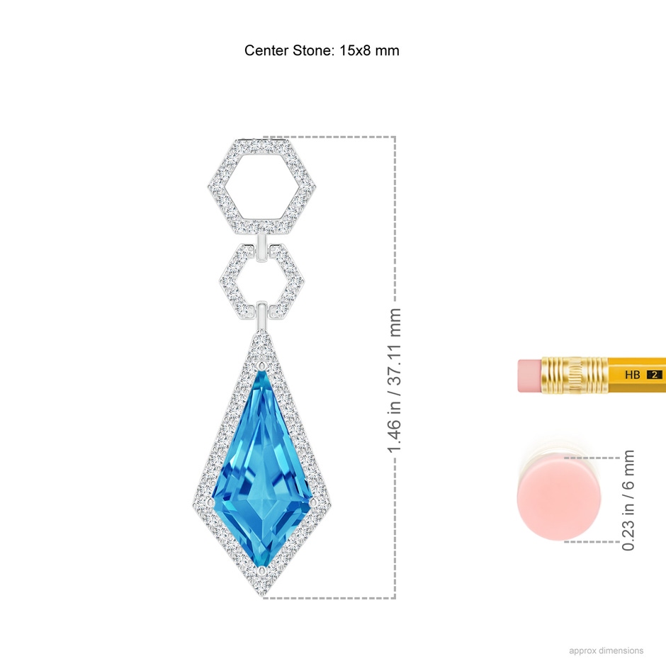 15x8mm AAAA Kite-Shaped Swiss Blue Topaz Hexagonal Frame Halo Pendant in White Gold ruler